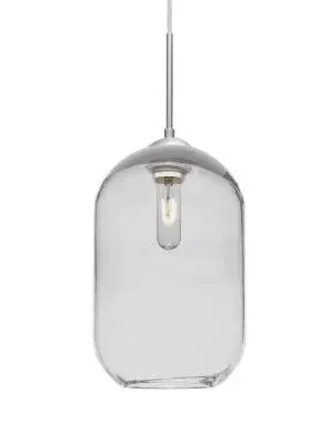 The Omega 12 combines a sleek satin nickel finish with clear glass for a refined, contemporary look that works across multiple design styles. Its medium scale makes it ideal for kitchen islands and dining areas.