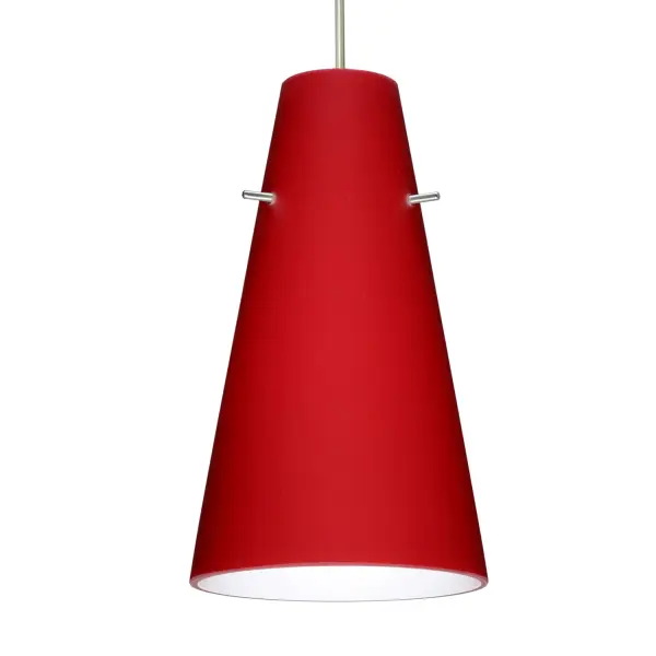 The Cierro Ruby Matte pendant features deep red cased glass with a sophisticated satin finish, handcrafted using century-old techniques. Its tapered cylinder design creates refined contemporary elegance with functional, vibrant lighting.