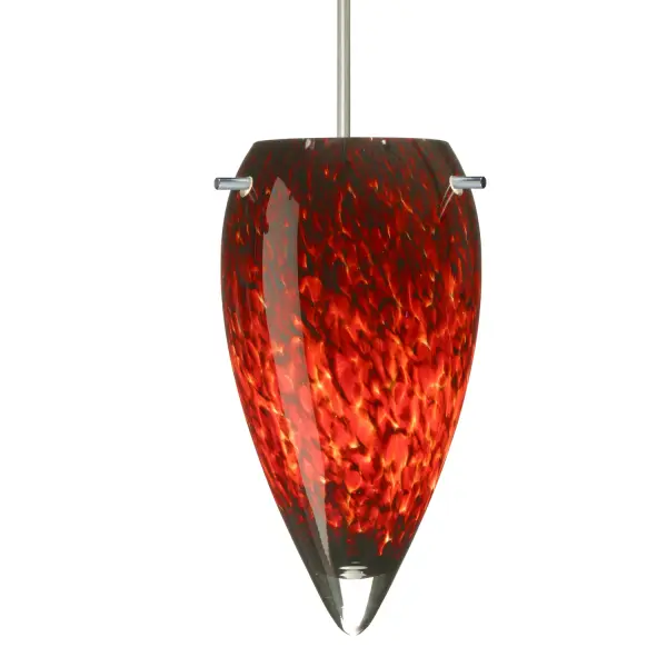 The Juli Garnet pendant features stunning handblown glass with floating red, black, and white tones that create a fiery, harmonious glow. Each piece is unique, crafted using century-old techniques with layered frit glass.