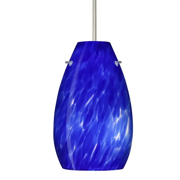 The Pera 9 Blue Cloud pendant features handcrafted blown glass with floating blue frit creating a watercolor effect. Its curvy bell-bottomed shape and multi-layered glass construction offer timeless appeal for contemporary spaces.