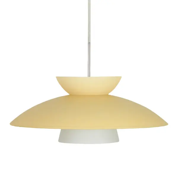 The Trilo 15 Champagne pendant features three complementary pressed glass segments creating a playful yet sophisticated display. Its light yellow glass with white inner layer produces functional, soothing illumination in a neutral tone.
