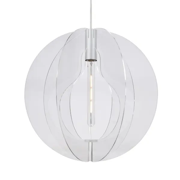 The Benito pendant transforms acrylic into art with laser-cut arcs that create a subtly shimmering orb. Edge-lit segments produce a sophisticated glow, making it ideal for contemporary spaces seeking sculptural lighting.