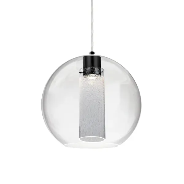 The Eli pendant showcases innovative double-layer glass construction with textured bubble glass creating enchanting light patterns. Its clear outer globe and bubble-textured inner layer add visual depth and whimsy to any space.
