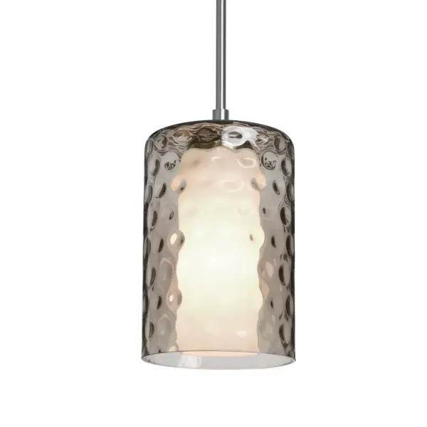 The Esa Smoke Pendant features a distinctive double-cylinder design with textured smoke glass and concealed opal inner shade. The dimple pattern creates captivating light play, perfect for modern and transitional spaces.