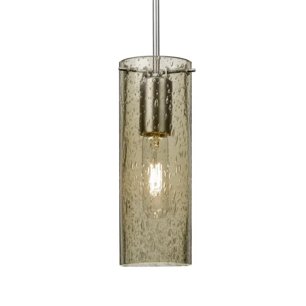 The Juni 10 features transparent latte glass with random bubble accents that create beautiful light diffusion. The cylindrical design showcases the lamp filament while the bubble pattern adds visual interest and texture.