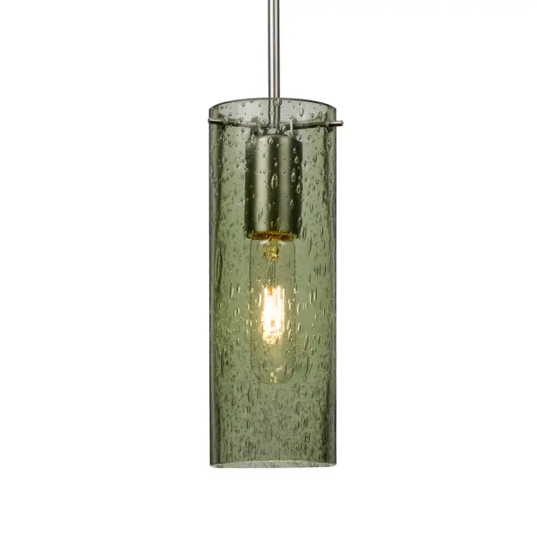 The Juni 10 Moss Pendant features hand-blown transparent glass with random bubble accents that create captivating light play. The exposed filament design adds industrial charm while the moss-toned glass brings organic warmth.