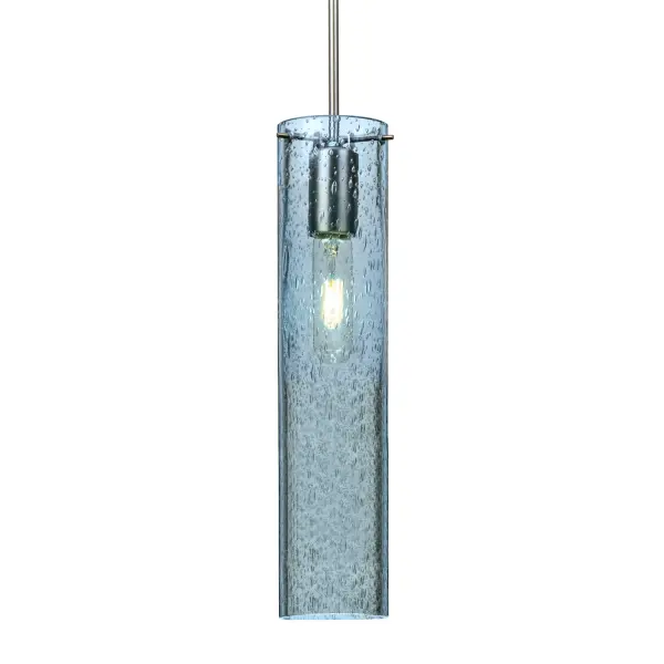 The Juni 16 features hand-blown blue glass with random bubble accents that create captivating light patterns. The transparent cylinder beautifully showcases the lamp filament, combining artisanal craftsmanship with contemporary design.