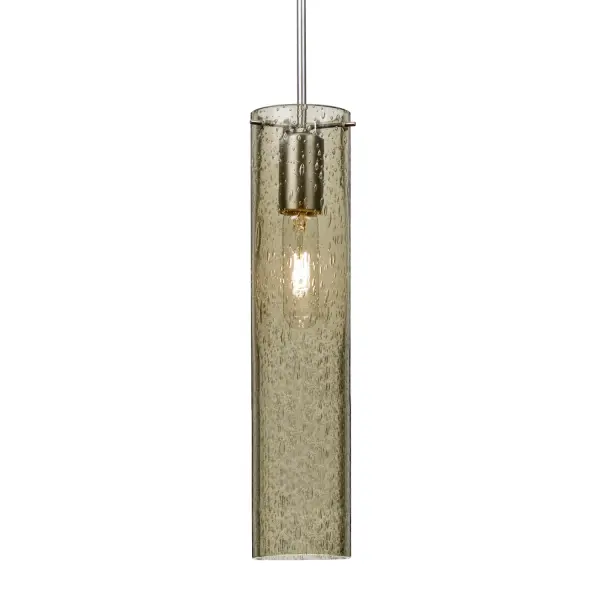The Juni 16 features hand-blown latte glass with random bubble accents that create captivating light play. The transparent cylinder beautifully showcases lamp filaments while the bubble pattern adds artisanal character.