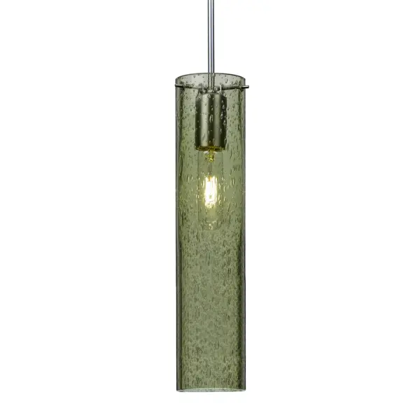 The Juni 16 features handblown moss-toned glass with random bubble accents that create captivating light patterns. The transparent cylinder showcases decorative filament bulbs beautifully, making it perfect for modern kitchens and dining spaces.