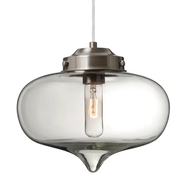 The Mira pendant combines retro styling with contemporary appeal through its compact heart-shaped clear glass shade. The transparent glass creates beautiful light refraction and sparkle, making it versatile for both classic and modern interiors.