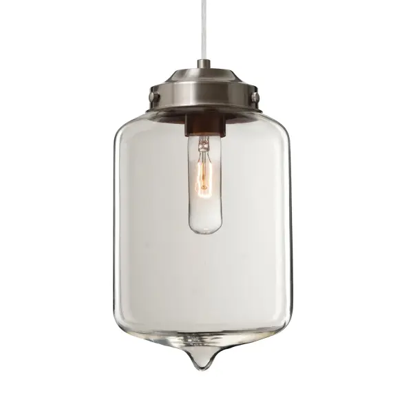 The Olin pendant combines retro-inspired cylindrical design with contemporary clear glass that sparkles beautifully when lit. Its closed-bottom shape with pointed accent adds visual interest while maintaining versatility.