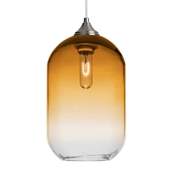The Omega 12 combines transitional elegance with contemporary flair through its gradient amber glass cylinder. The sophisticated color transition creates dramatic light play while the visible filament adds artisanal character.