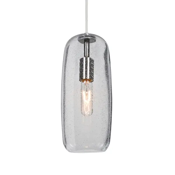 The Pinot 13 features a distinctive oblong free-form glass shade with random bubble patterning that creates captivating light play. Its transparent clear glass and satin nickel finish deliver versatile contemporary style.