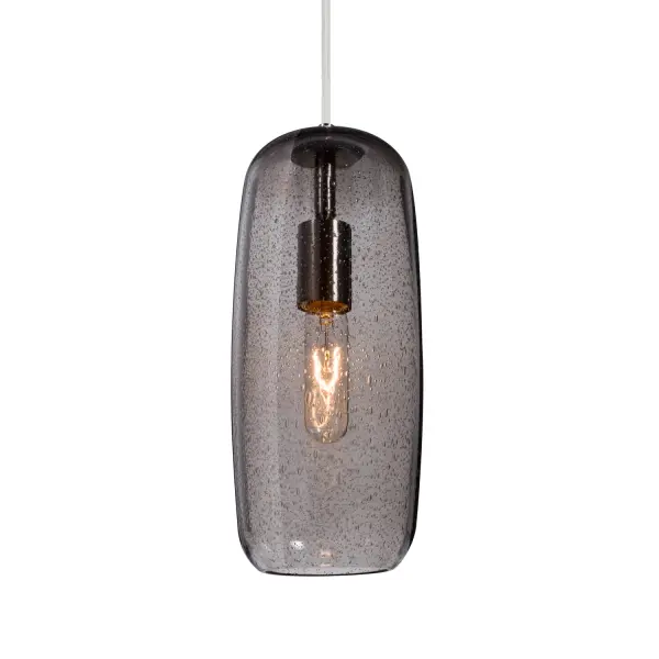 The Pinot 13 features an organic oblong glass shade with random bubble accents in transparent smoke glass. Its free-form design and satin nickel finish create visual interest while maintaining contemporary elegance.