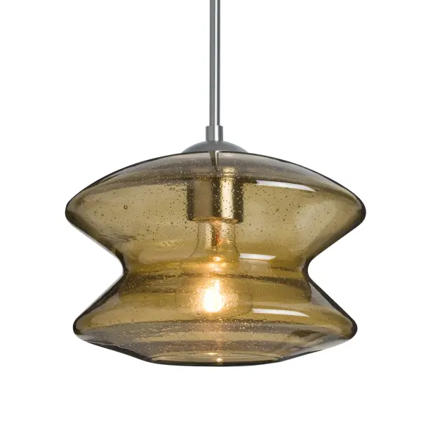 The Zen Latte Bubble Pendant features hand-blown glass with random bubble accents in an hourglass silhouette. Its exposed light source creates dramatic light play through the transparent latte-colored glass, perfect for intimate spaces.