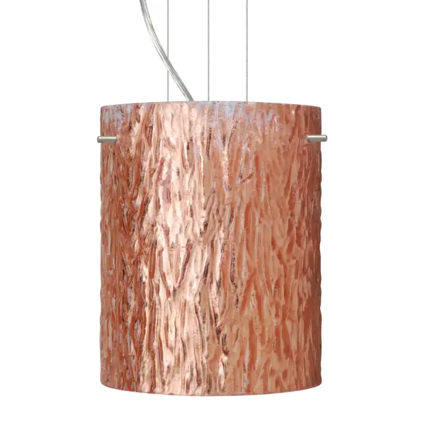 The Tamburo 8 Stone Copper Foil pendant showcases artisan craftsmanship with its textured sandstone-like glass exterior and hand-applied copper foil interior. Each piece is individually blown using century-old techniques, creating unique variations that celebrate natural rock formations.