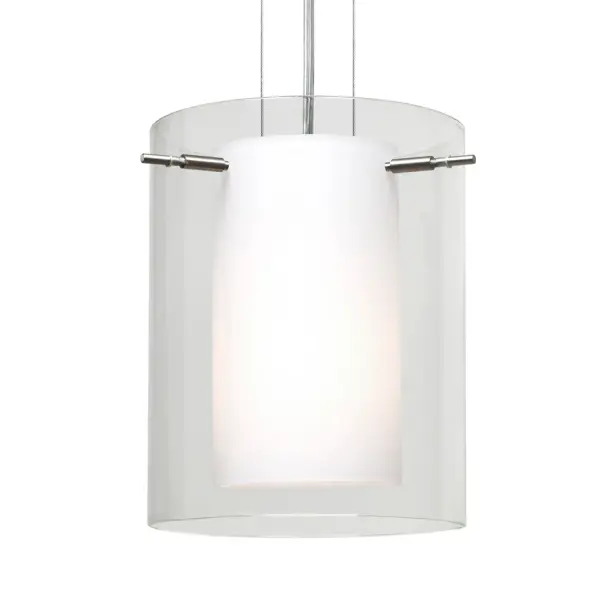 The Pahu pendant features a distinctive double-glass design with an inner opal cylinder creating a soft, tranquil glow within sparkling clear blown glass. Handcrafted using century-old techniques with extensive etching process.