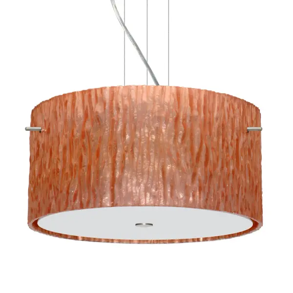 The Tamburo Stone Copper Foil pendant showcases century-old glassblowing techniques with a unique sandstone texture and distressed copper foil interior. Each piece is individually handcrafted, offering organic beauty inspired by natural rock formations.