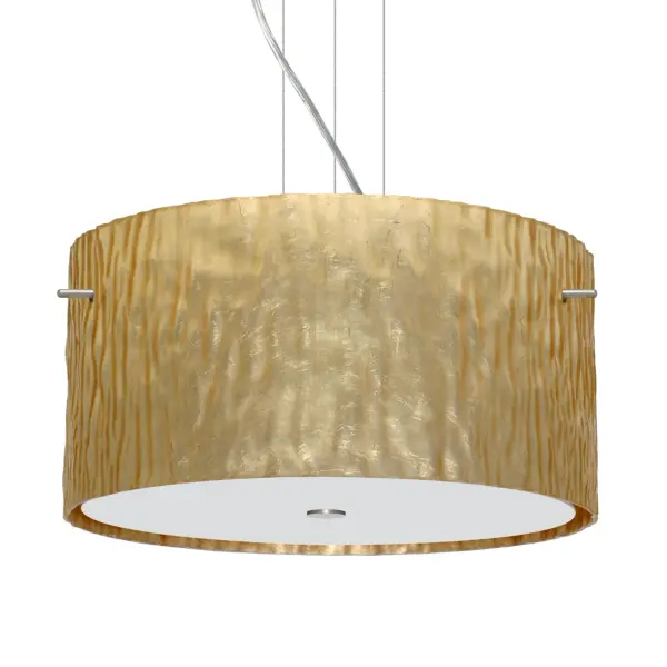 The Tamburo Stone Gold Foil pendant showcases century-old glassblowing techniques with a unique textured exterior resembling natural rock formations and hand-applied metallic foil interior, creating stunning light diffusion.
