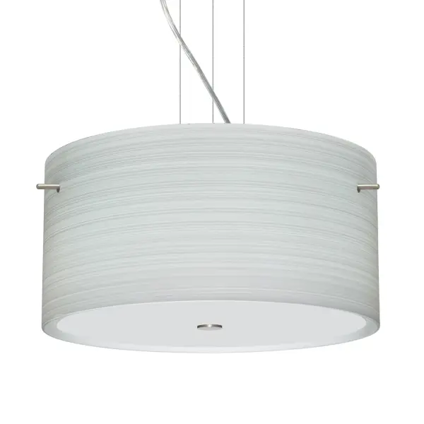 The Tamburo Chalk pendant features handcrafted white opal glass with subtle off-white spiraling brush strokes that create a textured, spun silk appearance. When illuminated, the etched surface comes alive with silvery rippled patterns, offering sophisticated ambient lighting for contemporary and transitional interiors.