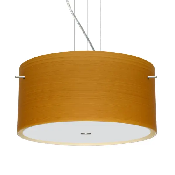 The Tamburo Oak pendant features artisan-crafted glass with subtle brown spiraling strokes that mimic natural wood grain. The soft off-white cased glass comes alive when illuminated, revealing intricate brushed textures created using century-old glassblowing techniques.