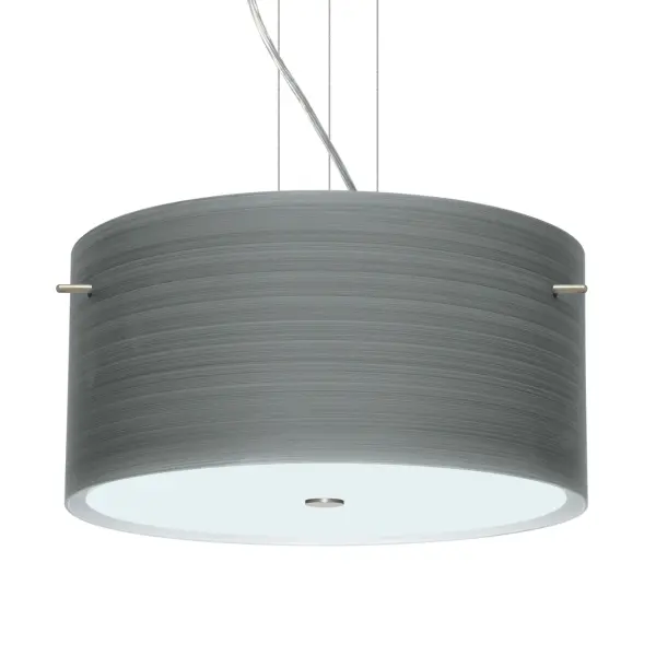 The Tamburo Titan pendant features handcrafted off-white cased glass with spiraling silver strokes that create a subtle brushed pattern. The etched satin finish reveals beautiful texture when lit, transforming from spun silk appearance to alive luminous art.