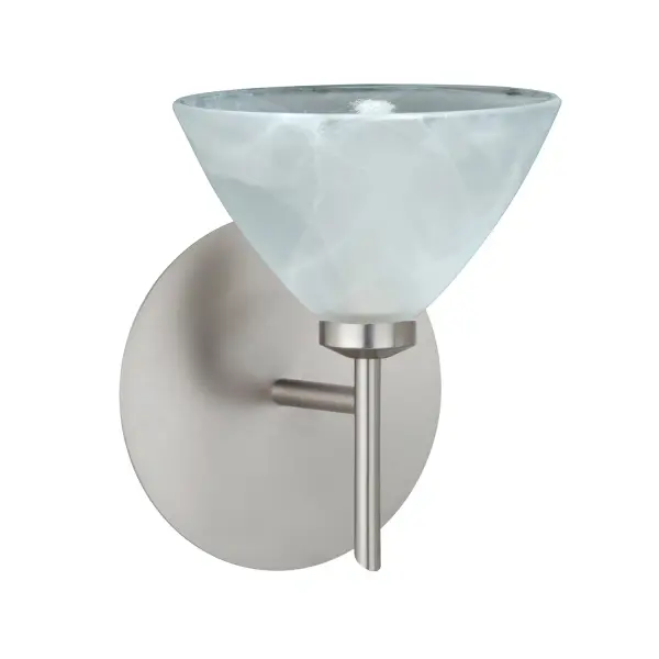 The Domi Marble sconce combines timeless bell-shaped design with handcrafted pressed glass featuring white swirls throughout semi-translucent frost. The etched satin finish creates a soft, functional glow perfect for intimate spaces.