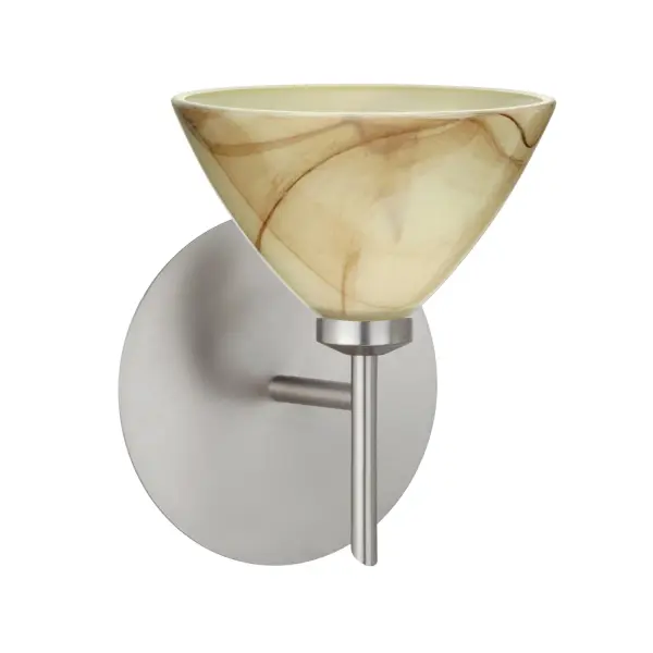 The Domi Mocha sconce features handcrafted pressed glass with cream and brown marbling, creating functional yet soothing illumination. Its classical bell shape and satin nickel finish make it versatile for traditional and contemporary spaces.