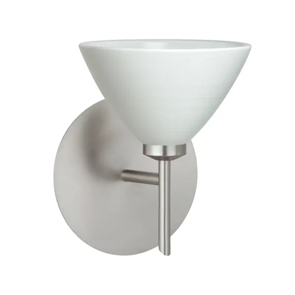 The Domi Chalk sconce features handcrafted white opal glass with spiraling off-white brush strokes that create a soft, textured appearance. The classical bell shape and satin-etched finish provide gentle, diffused illumination perfect for intimate spaces.