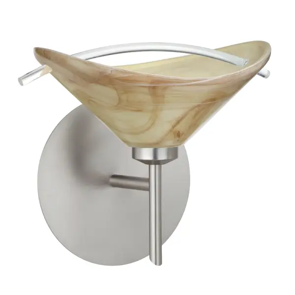 The Hoppi 3 mini sconce features distinctive pressed glass with cream and brown marbling, accented by a clear arched rod. The extensive etching process creates a smooth satin finish that diffuses light beautifully for functional yet soothing illumination.