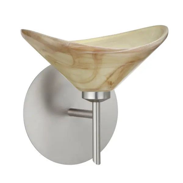 The Hoppi Mocha sconce features distinctive pressed glass with cream and brown marbling, creating warm, soothing illumination. Its compact profile and etched satin finish make it ideal for intimate spaces requiring functional yet decorative lighting.