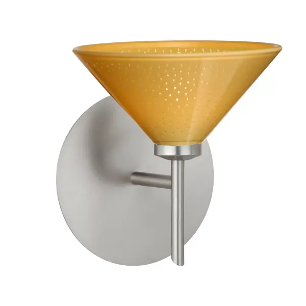 The Kona Mango Starpoint mini sconce features distinctive pressed glass with clear points projecting from mango and white finishes, creating a captivating star-light effect. Contemporary cone shape pairs beautifully with satin nickel hardware.