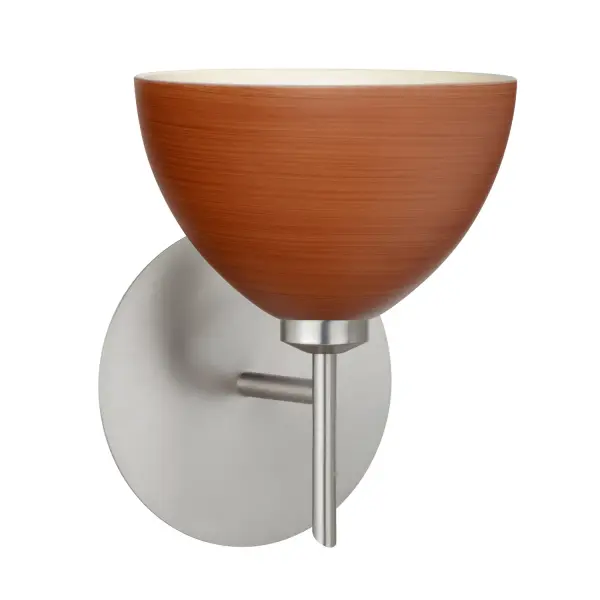 The Brella Cherry sconce features handcrafted cased glass with spiraling dark red strokes that create a wood grain-like texture. The classical bell shape provides optimal illumination while the etched satin finish adds subtle sophistication.