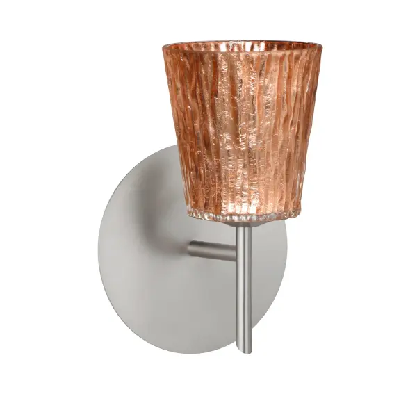 The Nico 4 Stone Copper Foil sconce showcases handcrafted blown glass with sandstone texture and distressed copper foil interior. Its tapered drum shape and artisanal nature make each piece unique, perfect for transitional spaces.