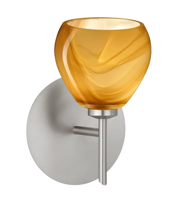 The Tay Tay Honey wall sconce features handcrafted glass with layered yellow-amber and golden-brown swirls against white. Each piece is unique, blown using century-old techniques for a high-gloss florid finish that adds warmth to contemporary spaces.