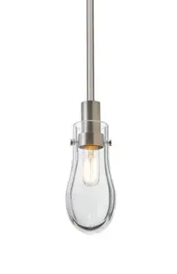 The Wish pendant offers a clean, contemporary aesthetic with its clear glass shade and satin nickel hardware. Its compact 10-inch height makes it ideal for multiples over islands or as accent lighting in smaller spaces.