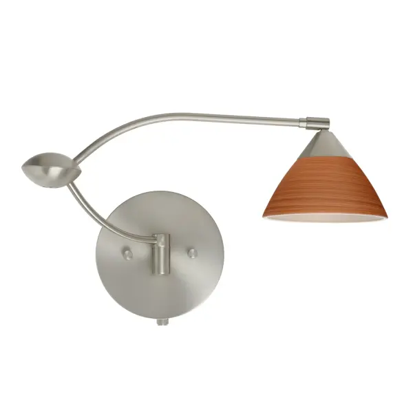 The Domi Cherry sconce combines artisanal craftsmanship with practical design. Handblown glass features subtle red spiraling strokes that create a wood grain-like texture, coming alive when illuminated. The adjustable swingarm offers 155-degree rotation with integrated dimming for versatile task and ambient lighting.