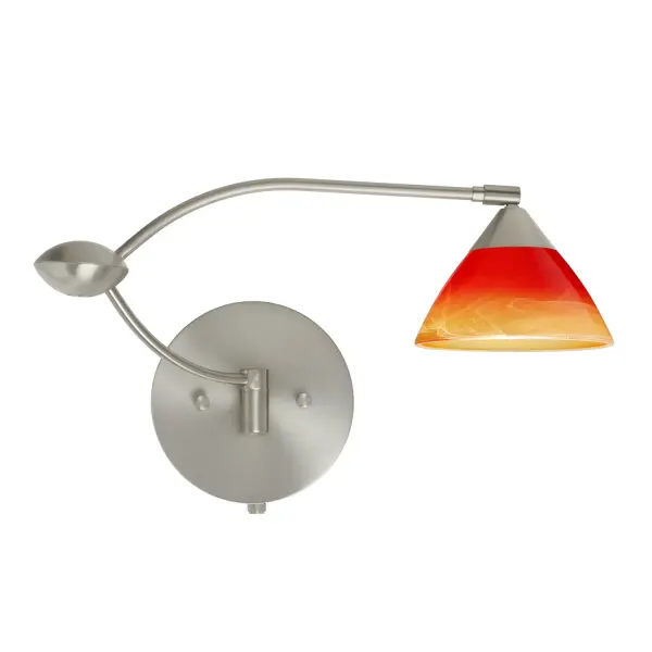 The Domi Solare combines functional swingarm flexibility with handcrafted pressed glass featuring warm red-orange to yellow swirls. The 155-degree rotation and integrated dimmer make it ideal for reading or ambient lighting in bedrooms and offices.