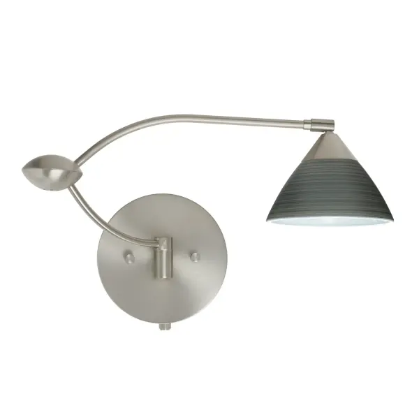 The Domi Titan combines classical bell-shaped design with handcrafted artisan glass featuring silver spiral patterns. The adjustable swingarm offers 155-degree rotation, integrated dimming, and soft illumination perfect for reading or ambient lighting.