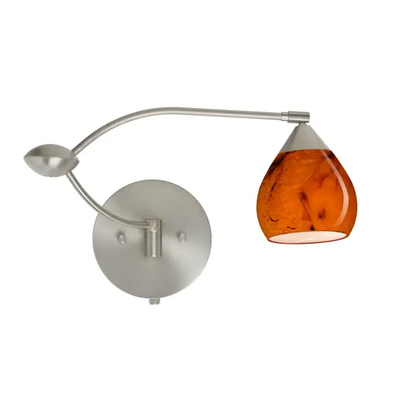 The Tay Tay Habanero combines functional swingarm versatility with stunning handcrafted glass artistry. Featuring warm persimmon tones with marbleized black accents, this compact sconce offers 155-degree rotation and integrated dimming for task or ambient lighting.