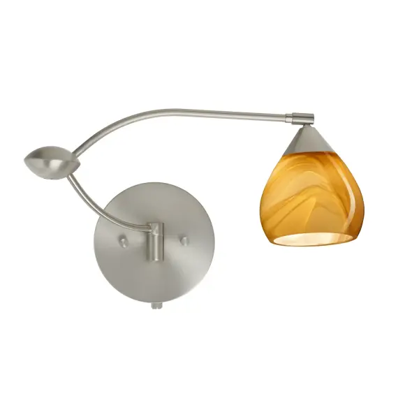 The Tay Tay Honey features handcrafted art glass with swirling amber and golden-brown tones. Its 155-degree rotating swingarm and integrated dimmer make it ideal for reading or accent lighting in contemporary spaces.
