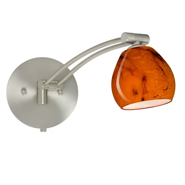 The Tay Tay Habanero combines functional swing arm versatility with stunning handcrafted artistry. Featuring warm persimmon tones with marbleized black accents, this compact sconce offers 130° rotation and integrated dimming for task or ambient lighting.