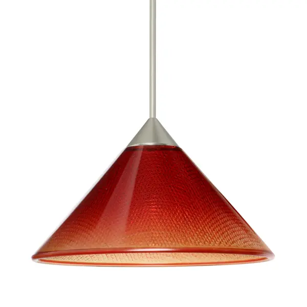 The Kona Sunset pendant showcases prismatic pressed glass with a striking red gradient that transitions from deep to light tones. Its contemporary cone shape and handcrafted quality deliver energetic, functional lighting.