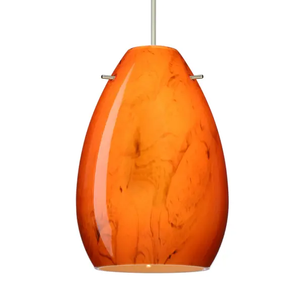 The Pera 6 Habanero features stunning handblown art glass with warm persimmon coloring and marbleized black accents. Each piece is unique, crafted using century-old techniques. The curvy bell-bottomed shape adds contemporary elegance to any space.