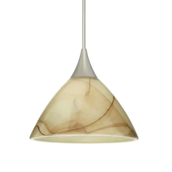 The Domi Mini Pendant features handcrafted pressed glass in cream and brown tones with a smooth etched finish. Its classical bell shape and 12V system make it ideal for intimate spaces requiring soft, functional lighting.