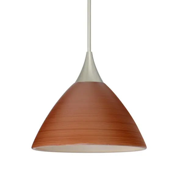 The Domi Cherry pendant features handcrafted cased glass with spiraling dark red strokes that create a wood grain-like texture. The classical bell shape and etched satin finish deliver soft, diffused light perfect for intimate spaces.