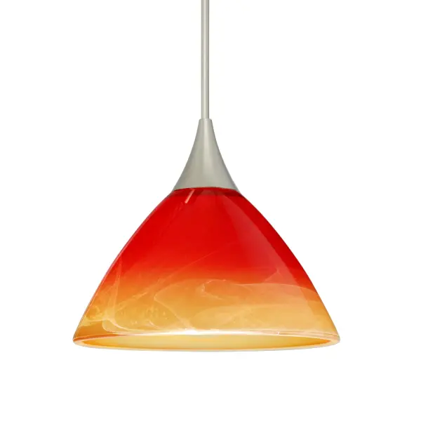 The Solare features stunning pressed art glass with red-orange to yellow swirls throughout clear glass, creating a warm and inviting ambiance. The classical bell shape and satin-etched finish deliver both functional illumination and decorative appeal.