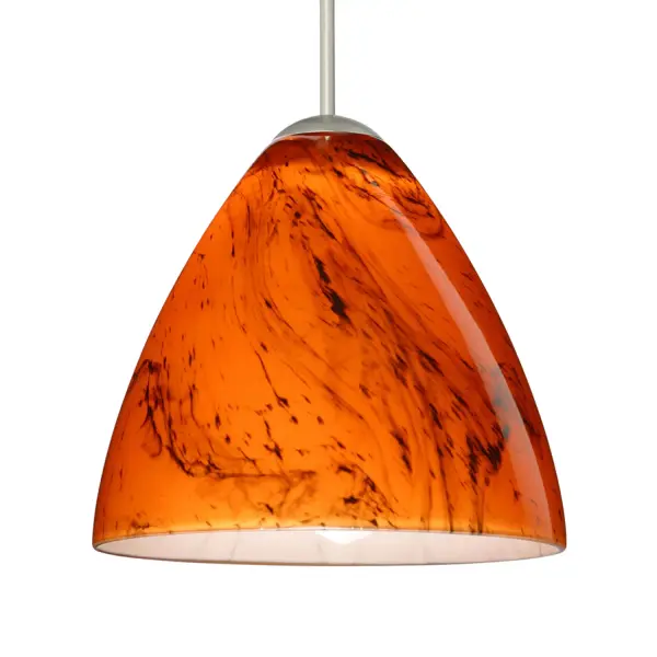 The Mia Habanero pendant showcases century-old glassblowing techniques with warm persimmon tones and marbleized black accents. Its classical bell shape and cased glass construction create stunning visual appeal when lit, perfect for intimate spaces.