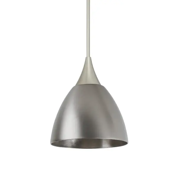 The Divi mini pendant combines timeless bell-shaped design with functional stamped steel construction. Its satin nickel finish provides a refined, neutral aesthetic that complements various interiors while delivering focused task lighting.