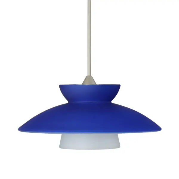 The Trilo 7 features a distinctive three-segment pressed glass design in deep blue with white inner layer. The handcrafted construction and smooth satin etched finish create functional, soothing illumination perfect for intimate spaces.